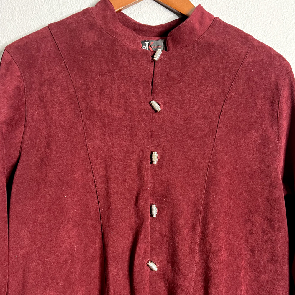VTG R&K Original‎ Sz 10 Tunic Burgundy Velour Rhinestone Buttons Mandarin Collar